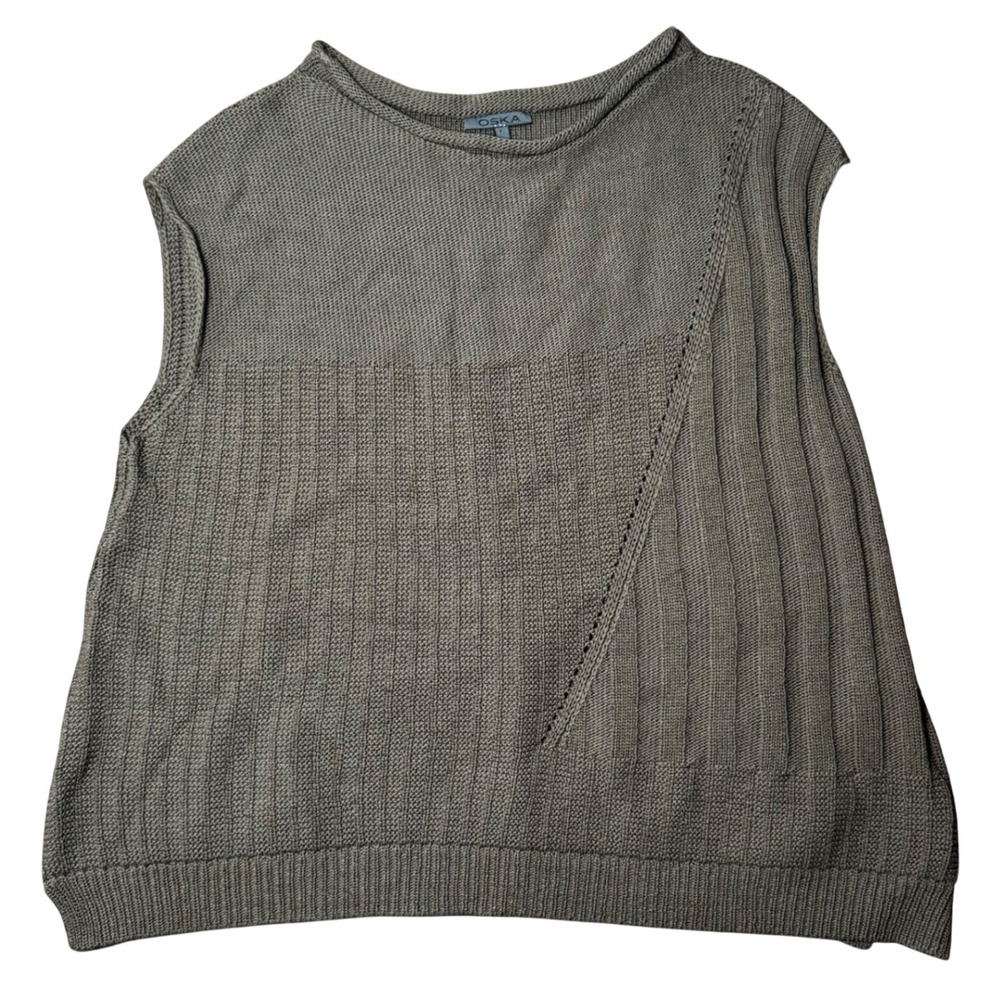 Oska Women Sz 3 10/12 Olive Green Cotton Knit Sleeveless Sweater Boxy Lagenlook - Picture 1 of 8